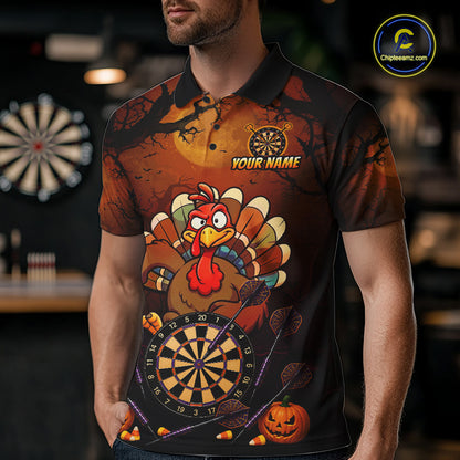 Funny Turkey Pumpkin Darts Polo Quarter-Zip Shirt For Men Custom Turkey Halloween Darts Team Jerseys NYN4215