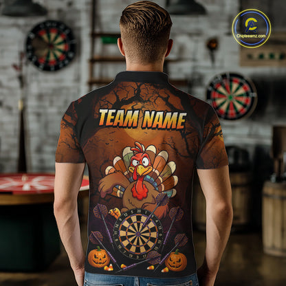 Funny Turkey Pumpkin Darts Polo Quarter-Zip Shirt For Men Custom Turkey Halloween Darts Team Jerseys NYN4215