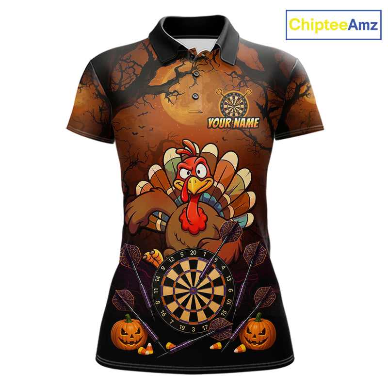 Funny Turkey Pumpkin Darts Polo Quarter-Zip Shirt For Women Custom Turkey Halloween Darts Team Jerseys NYN4215