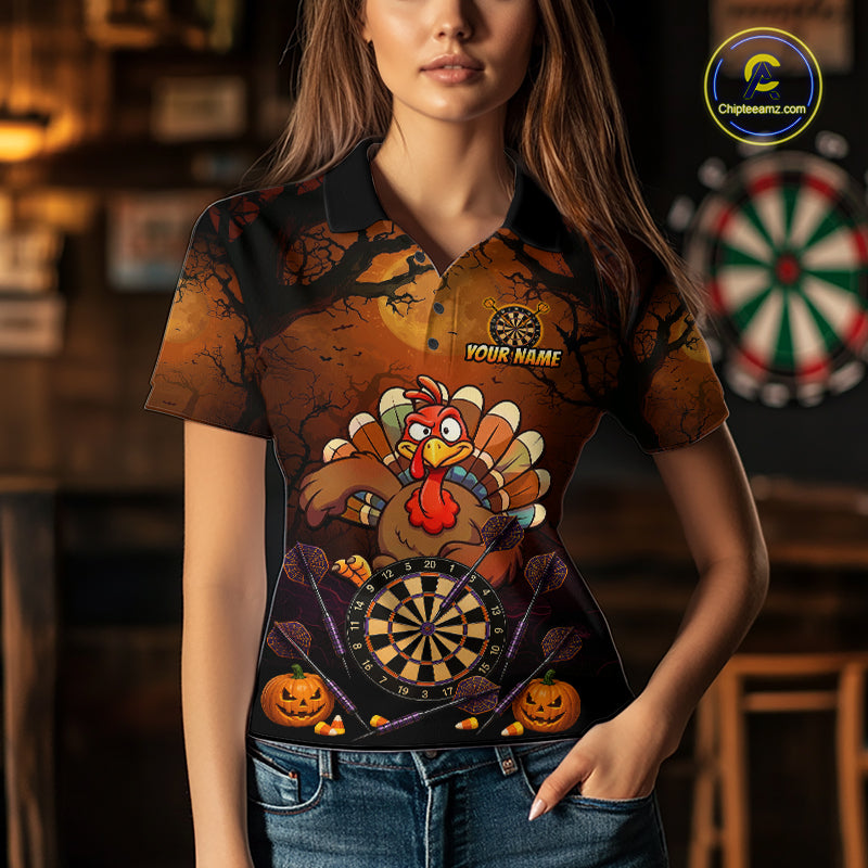 Funny Turkey Pumpkin Darts Polo Quarter-Zip Shirt For Women Custom Turkey Halloween Darts Team Jerseys NYN4215