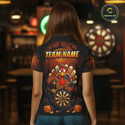 Funny Turkey Pumpkin Darts Polo Quarter-Zip Shirt For Women Custom Turkey Halloween Darts Team Jerseys NYN4215