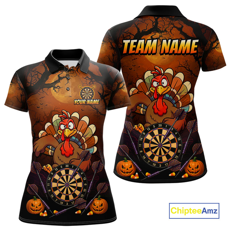 Funny Turkey Pumpkin Darts Polo Quarter-Zip Shirt For Women Custom Turkey Halloween Darts Team Jerseys NYN4215