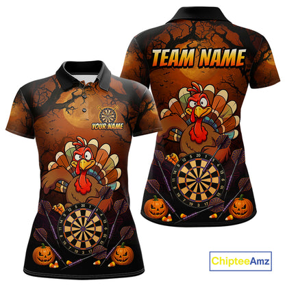 Funny Turkey Pumpkin Darts Polo Quarter-Zip Shirt For Women Custom Turkey Halloween Darts Team Jerseys NYN4215