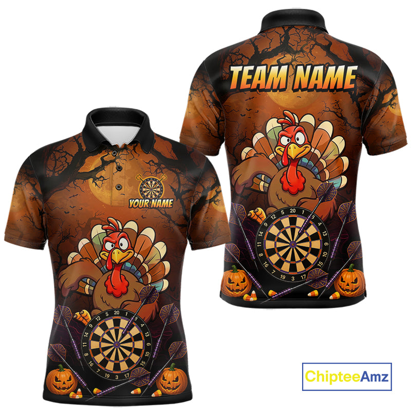 Funny Turkey Pumpkin Darts Polo Quarter-Zip Shirt For Men Custom Turkey Halloween Darts Team Jerseys NYN4215