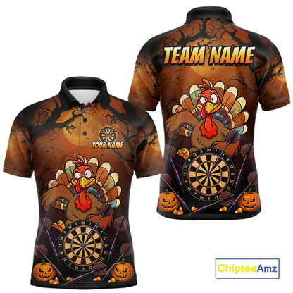 Funny Turkey Pumpkin Darts Polo Quarter-Zip Shirt For Men Custom Turkey Halloween Darts Team Jerseys NYN4215