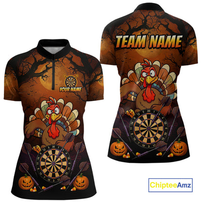 Funny Turkey Pumpkin Darts Polo Quarter-Zip Shirt For Women Custom Turkey Halloween Darts Team Jerseys NYN4215