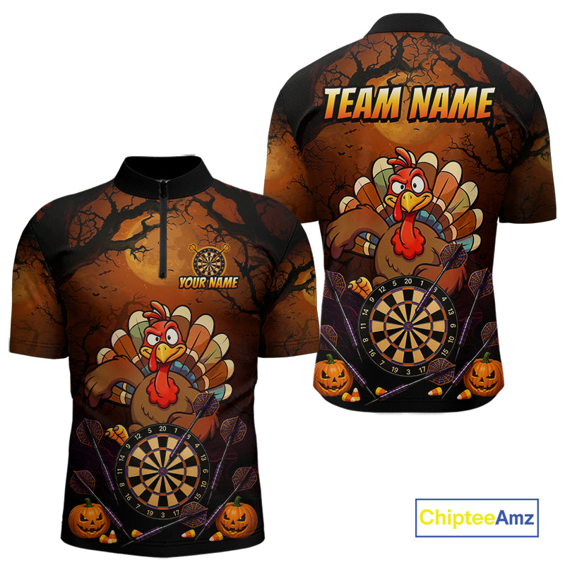 Funny Turkey Pumpkin Darts Polo Quarter-Zip Shirt For Men Custom Turkey Halloween Darts Team Jerseys NYN4215