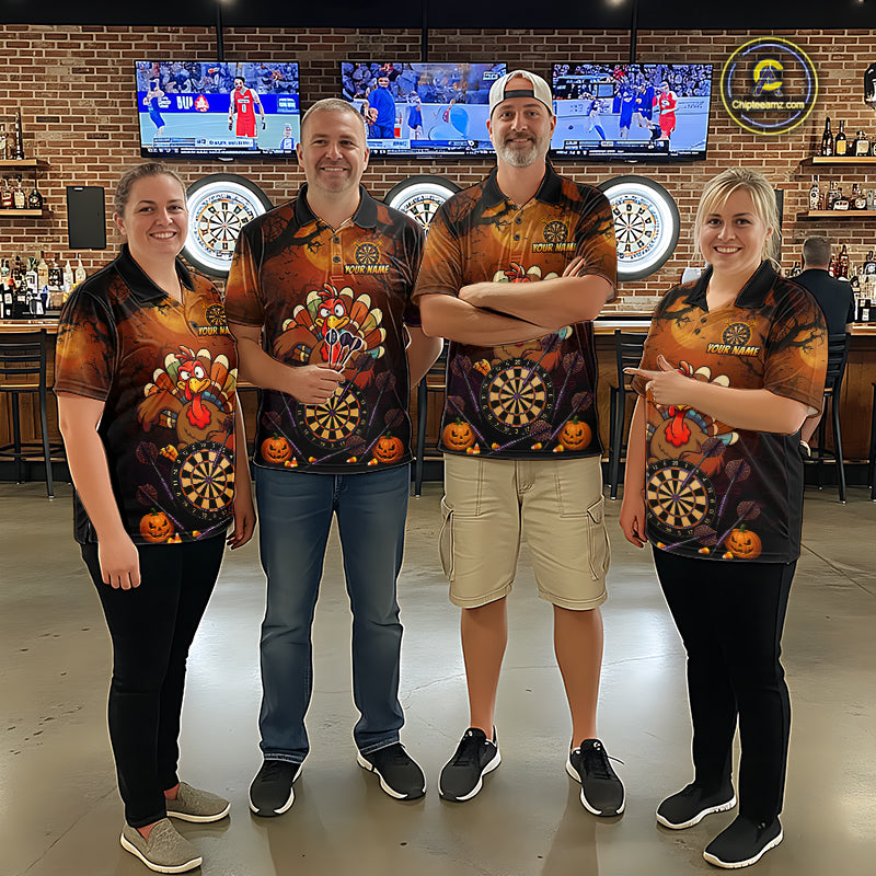 Funny Turkey Pumpkin Darts Polo Quarter-Zip Shirt For Men Custom Turkey Halloween Darts Team Jerseys NYN4215