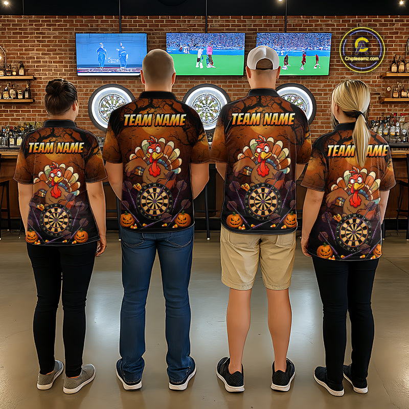 Funny Turkey Pumpkin Darts Polo Quarter-Zip Shirt For Men Custom Turkey Halloween Darts Team Jerseys NYN4215