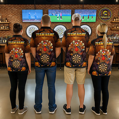 Funny Turkey Pumpkin Darts Polo Quarter-Zip Shirt For Men Custom Turkey Halloween Darts Team Jerseys NYN4215