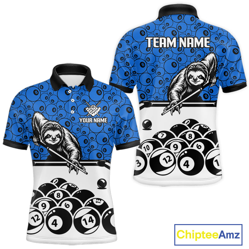 Personalized Sloth Men Billiard Shirt Custom Blue 8-Ball Pool Team Jersey, Funny Sloth Pool Shirt NYN4219