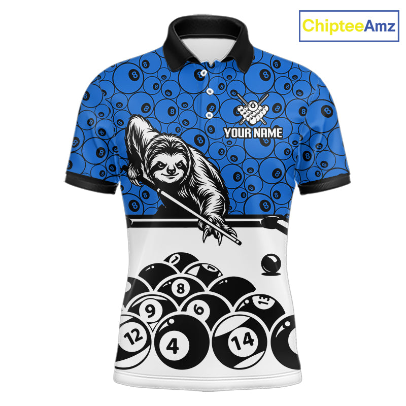 Personalized Sloth Men Billiard Shirt Custom Blue 8-Ball Pool Team Jersey, Funny Sloth Pool Shirt NYN4219