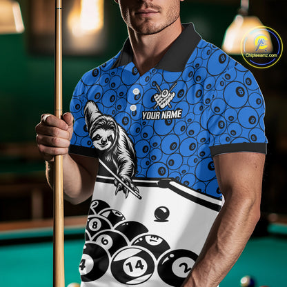 Personalized Sloth Men Billiard Shirt Custom Blue 8-Ball Pool Team Jersey, Funny Sloth Pool Shirt NYN4219