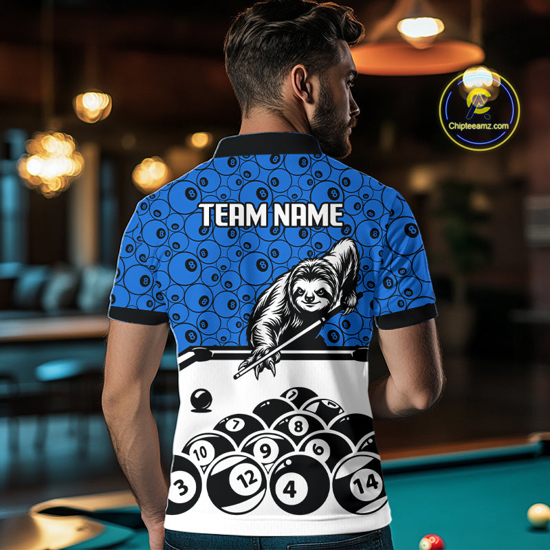 Personalized Sloth Men Billiard Shirt Custom Blue 8-Ball Pool Team Jersey, Funny Sloth Pool Shirt NYN4219