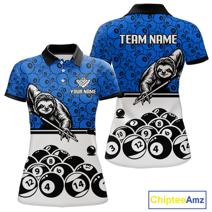 Personalized Sloth Women Billiard Shirt Custom Blue 8-Ball Pool Team Jersey, Funny Sloth Pool Shirt NYN4219