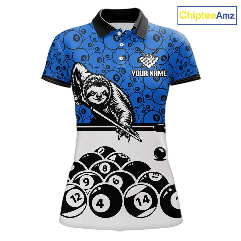 Personalized Sloth Women Billiard Shirt Custom Blue 8-Ball Pool Team Jersey, Funny Sloth Pool Shirt NYN4219