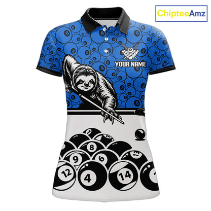 Personalized Sloth Women Billiard Shirt Custom Blue 8-Ball Pool Team Jersey, Funny Sloth Pool Shirt NYN4219