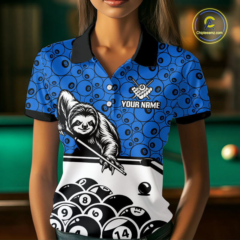 Personalized Sloth Women Billiard Shirt Custom Blue 8-Ball Pool Team Jersey, Funny Sloth Pool Shirt NYN4219