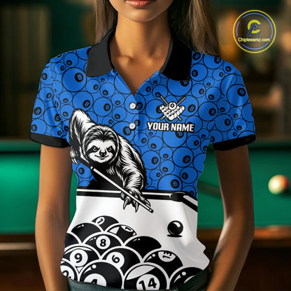 Personalized Sloth Women Billiard Shirt Custom Blue 8-Ball Pool Team Jersey, Funny Sloth Pool Shirt NYN4219
