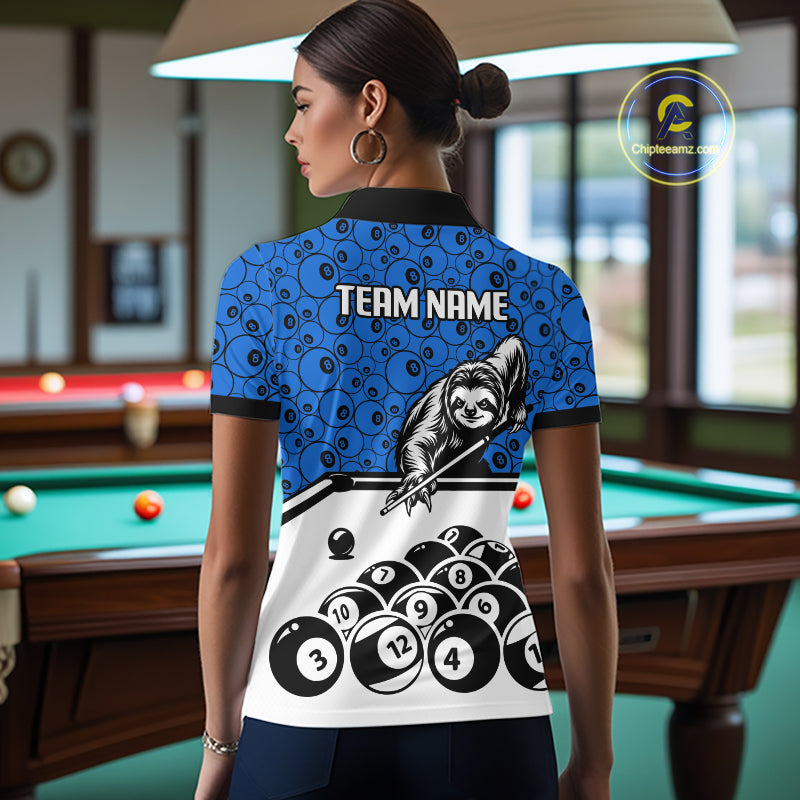 Personalized Sloth Women Billiard Shirt Custom Blue 8-Ball Pool Team Jersey, Funny Sloth Pool Shirt NYN4219
