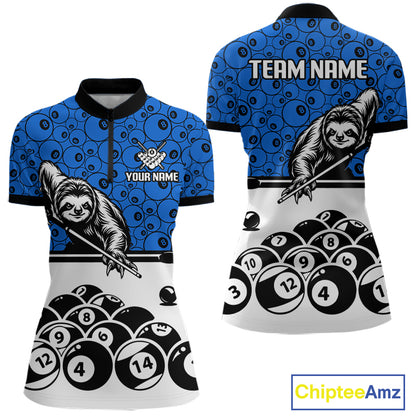 Personalized Sloth Women Billiard Shirt Custom Blue 8-Ball Pool Team Jersey, Funny Sloth Pool Shirt NYN4219
