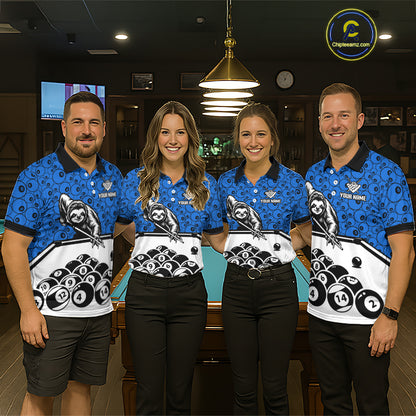 Personalized Sloth Men Billiard Shirt Custom Blue 8-Ball Pool Team Jersey, Funny Sloth Pool Shirt NYN4219