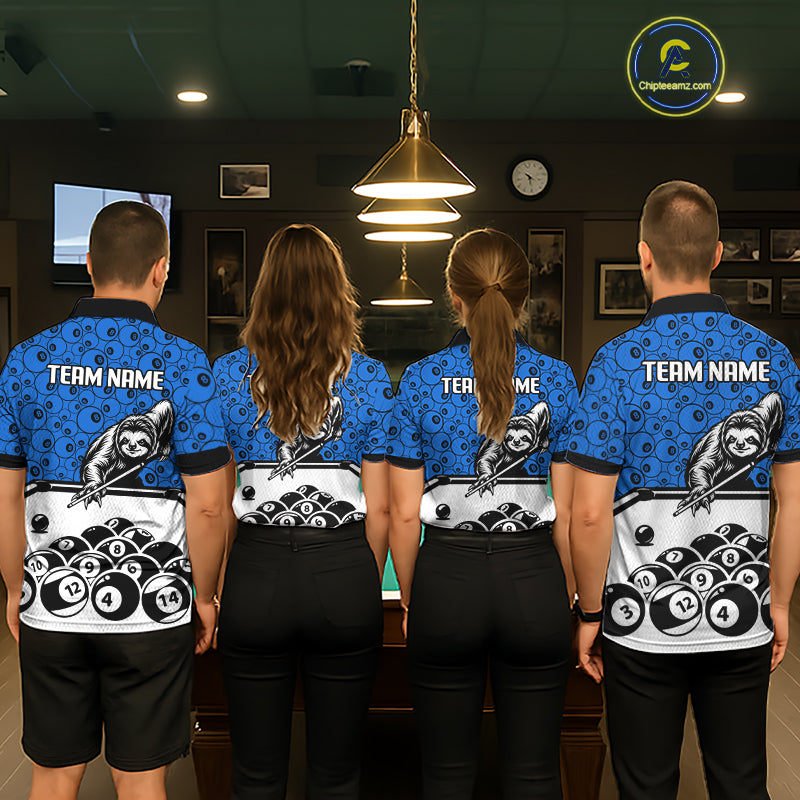 Personalized Sloth Men Billiard Shirt Custom Blue 8-Ball Pool Team Jersey, Funny Sloth Pool Shirt NYN4219