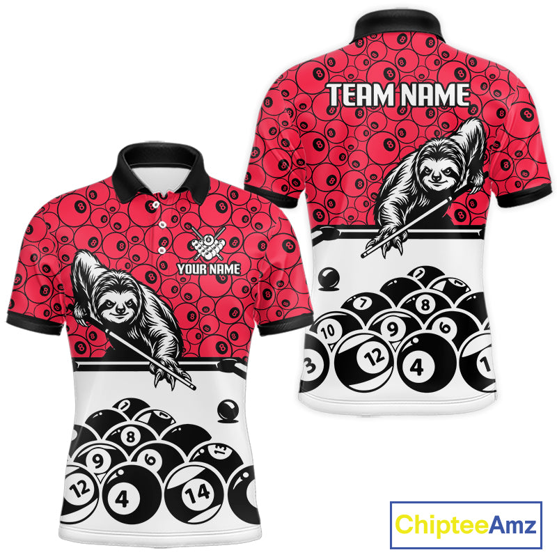 Personalized Sloth Men Billiard Shirt Custom Red 8-Ball Pool Team Jersey, Funny Sloth Pool Shirt NYN4220