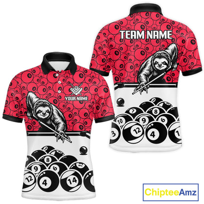 Personalized Sloth Men Billiard Shirt Custom Red 8-Ball Pool Team Jersey, Funny Sloth Pool Shirt NYN4220