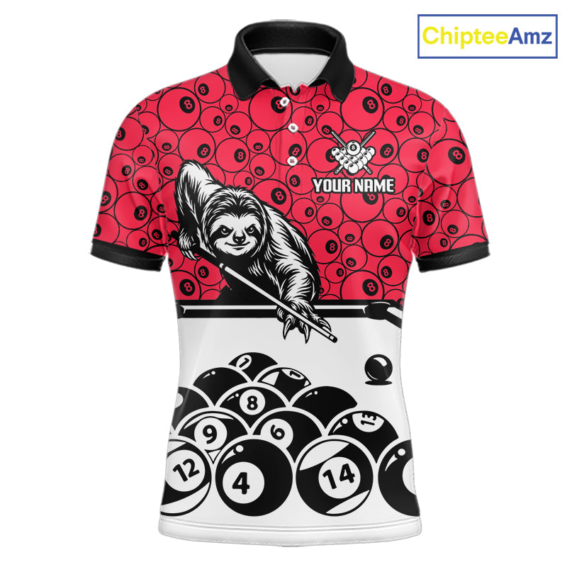 Personalized Sloth Men Billiard Shirt Custom Red 8-Ball Pool Team Jersey, Funny Sloth Pool Shirt NYN4220