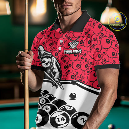 Personalized Sloth Men Billiard Shirt Custom Red 8-Ball Pool Team Jersey, Funny Sloth Pool Shirt NYN4220
