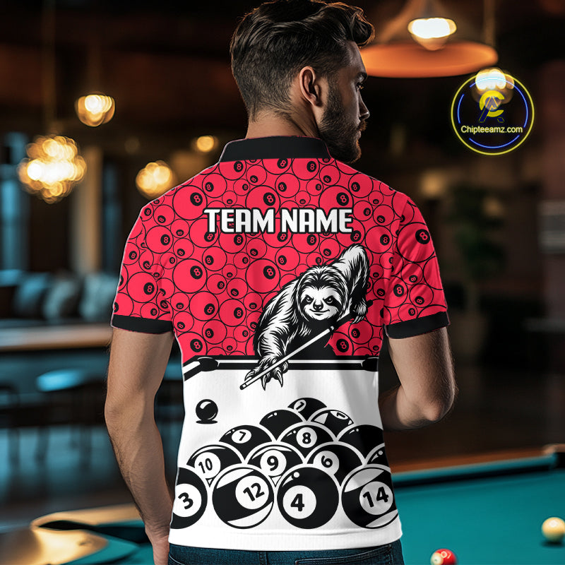 Personalized Sloth Men Billiard Shirt Custom Red 8-Ball Pool Team Jersey, Funny Sloth Pool Shirt NYN4220
