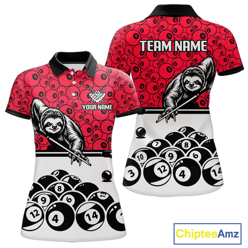 Personalized Sloth Women Billiard Shirt Custom Red 8-Ball Pool Team Jersey, Funny Sloth Pool Shirt NYN4220