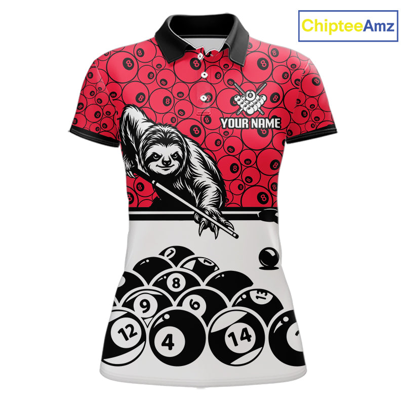 Personalized Sloth Women Billiard Shirt Custom Red 8-Ball Pool Team Jersey, Funny Sloth Pool Shirt NYN4220