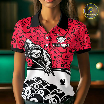 Personalized Sloth Women Billiard Shirt Custom Red 8-Ball Pool Team Jersey, Funny Sloth Pool Shirt NYN4220