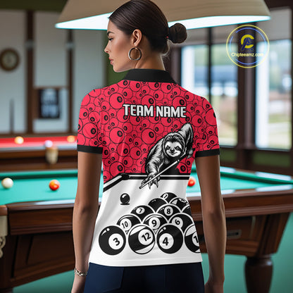 Personalized Sloth Women Billiard Shirt Custom Red 8-Ball Pool Team Jersey, Funny Sloth Pool Shirt NYN4220