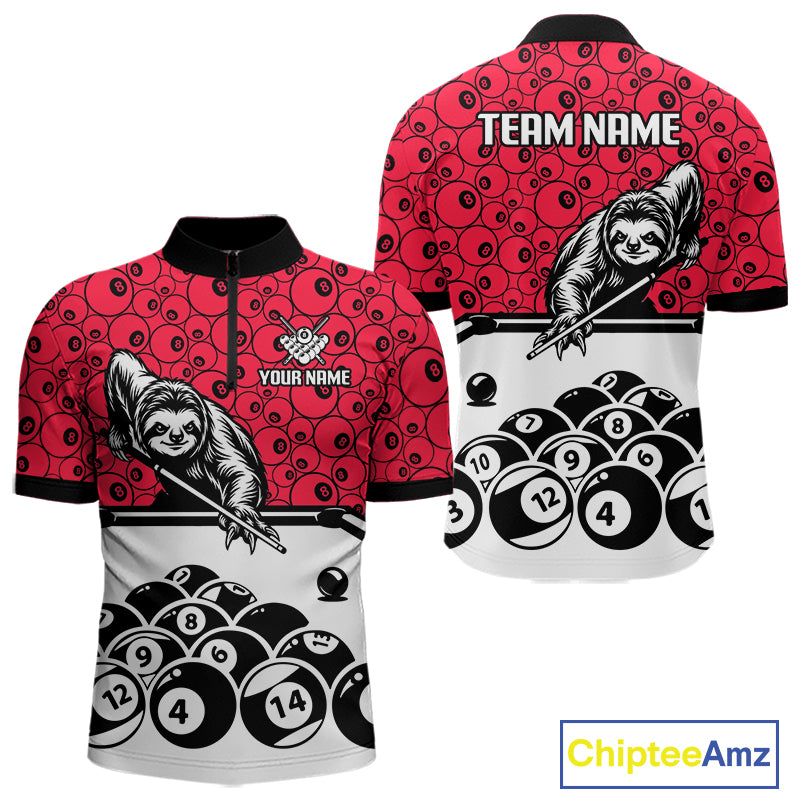 Personalized Sloth Men Billiard Shirt Custom Red 8-Ball Pool Team Jersey, Funny Sloth Pool Shirt NYN4220