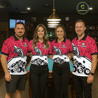 Personalized Sloth Women Billiard Shirt Custom Red 8-Ball Pool Team Jersey, Funny Sloth Pool Shirt NYN4220