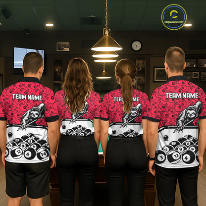 Personalized Sloth Women Billiard Shirt Custom Red 8-Ball Pool Team Jersey, Funny Sloth Pool Shirt NYN4220