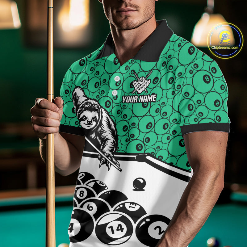 Personalized Sloth Men Billiard Shirt Custom Green 8-Ball Pool Team Jersey, Funny Sloth Pool Shirt NYN4221