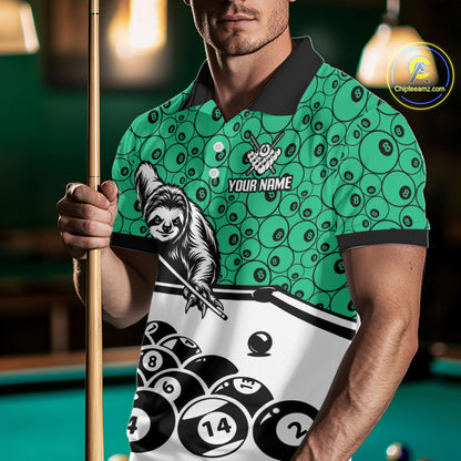 Personalized Sloth Men Billiard Shirt Custom Green 8-Ball Pool Team Jersey, Funny Sloth Pool Shirt NYN4221