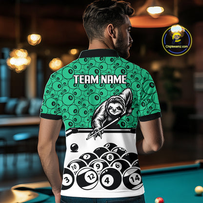 Personalized Sloth Men Billiard Shirt Custom Green 8-Ball Pool Team Jersey, Funny Sloth Pool Shirt NYN4221