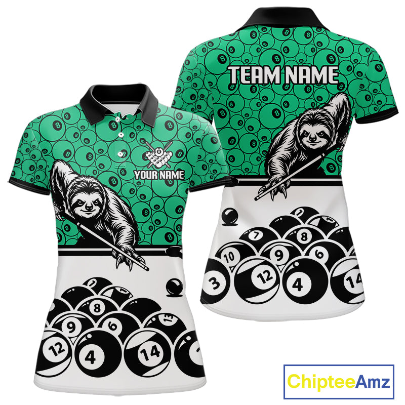 Personalized Sloth Women Billiard Shirt Custom Green 8-Ball Pool Team Jersey, Funny Sloth Pool Shirt NYN4221