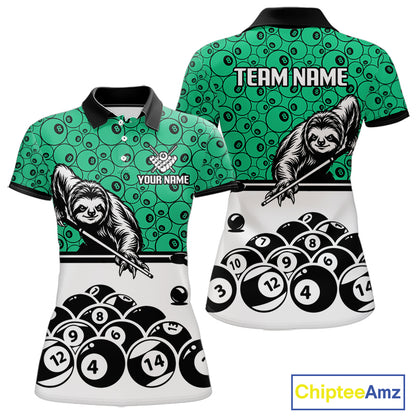 Personalized Sloth Women Billiard Shirt Custom Green 8-Ball Pool Team Jersey, Funny Sloth Pool Shirt NYN4221