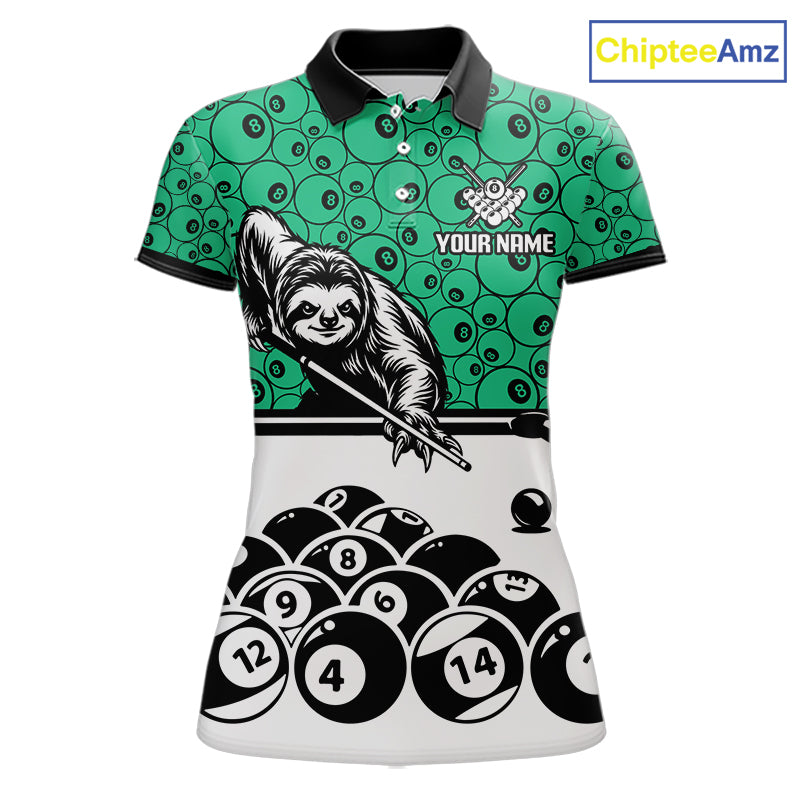 Personalized Sloth Women Billiard Shirt Custom Green 8-Ball Pool Team Jersey, Funny Sloth Pool Shirt NYN4221