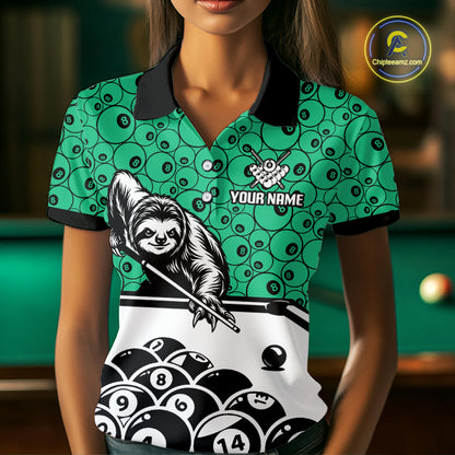 Personalized Sloth Women Billiard Shirt Custom Green 8-Ball Pool Team Jersey, Funny Sloth Pool Shirt NYN4221