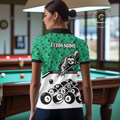 Personalized Sloth Women Billiard Shirt Custom Green 8-Ball Pool Team Jersey, Funny Sloth Pool Shirt NYN4221