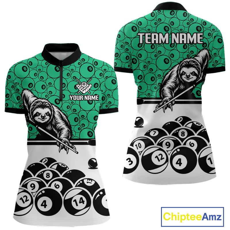 Personalized Sloth Women Billiard Shirt Custom Green 8-Ball Pool Team Jersey, Funny Sloth Pool Shirt NYN4221