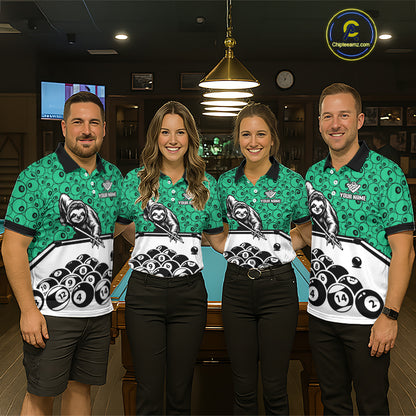 Personalized Sloth Women Billiard Shirt Custom Green 8-Ball Pool Team Jersey, Funny Sloth Pool Shirt NYN4221