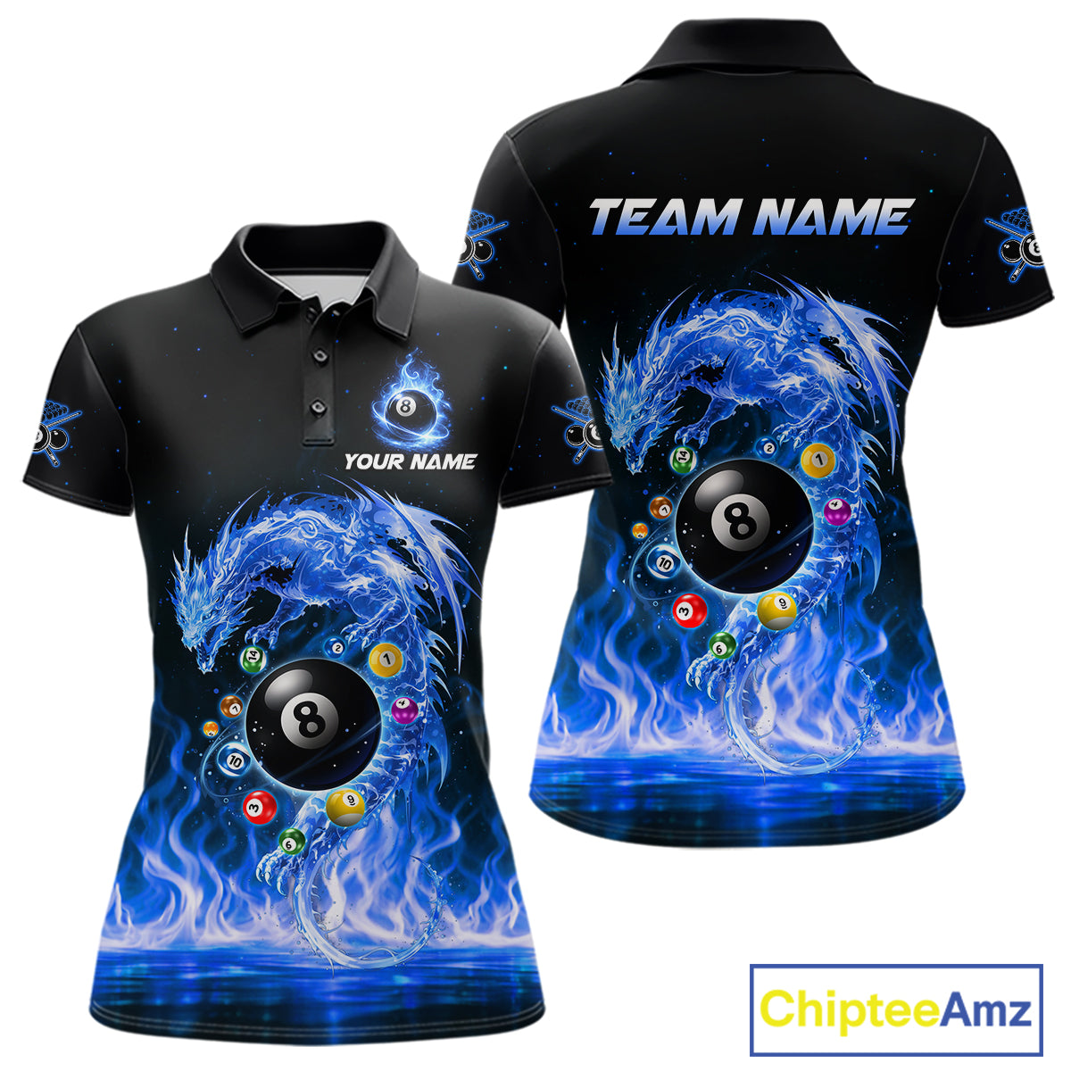 Fire Flame Dragon Pool 8 Ball Women's Billiard Shirt Custom Billiard Team League Attire|Blue NYN2557